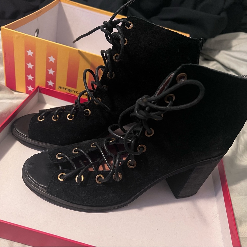 jeffrey campbell cors black suede peep toe shoes size 8.5